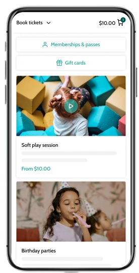 Beyonk's Soft play booking system on mobile. Memberships, gift cards and sessions can be bought here.